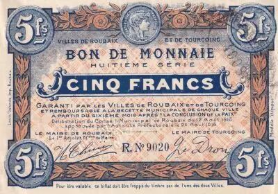 Frankreich 5 Francs - Ville -  Roubaix-Tourcoing  - 12-08-1917 - 8�me s�rie