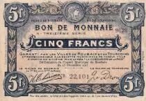 Frankreich 5 Francs - Ville -  Roubaix-Tourcoing  - 15-12- 1917 -  13&egrave;me s&eacute;rie