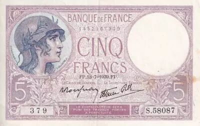 Frankreich 5 Francs - Violet - 13-07-1939 - Serial S.58087 - P.79