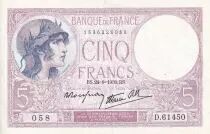 Frankreich 5 Francs - Violet - 24-08-1939 - Serial  D.61450 - XF - P.79