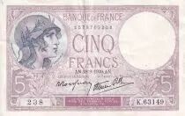 Frankreich 5 Francs - Violet - 28-09-1939 - Serial  K.63149 - XF - P.79