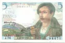 Frankreich 5 Francs Berger - 25-11-1943 Serial J.76 - 94471
