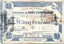 Frankreich 5 Francs Cambrai City - 1914
