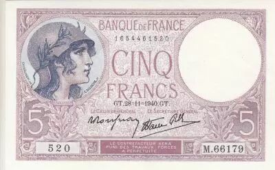 Frankreich 5 Francs Helmeted woman 05-12-1940 Serial K.66990 - VF to XF