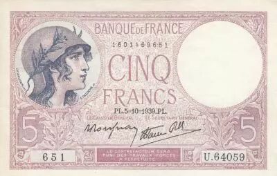 Frankreich 5 Francs Helmeted woman 05-12-1940 Serial K.66990 - VF to XF