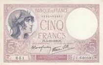 Frankreich 5 Francs Helmeted woman 05-12-1940 Serial K.66990 - VF to XF