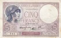 Frankreich 5 Francs Helmeted woman 05-12-1940 Serial K.66990 - VF to XF