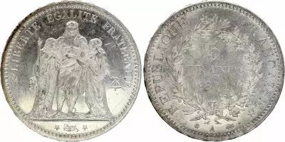 Frankreich 5 Francs Hercules 1873 A - Paris - XF to AU - Silver