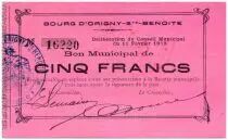 Frankreich 5 Francs Origny-Sainte-Benoite City - 1915