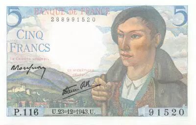 Frankreich 5 Francs Shepherd - 23-12-1943 Serial P.116 - UNC