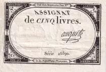 Frankreich 5 Livres  - 10 Brumaire Year II (31-10-1793) - Sign Auguste - Serial 26890 - P. A.76