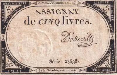 Frankreich 5 Livres  - 10 Brumaire Year II (31-10-1793) - Sign D\'osseville - Serial 23638 - P. A.76