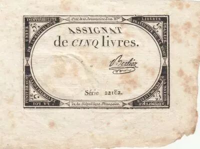 Frankreich 5 Livres - 10 Brumaire An II (31.10.1793) - Sign. Berlioz - Serial 22182