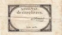 Frankreich 5 Livres - 10 Brumaire An II (31.10.1793) - Sign. Mercier - Serial 22182