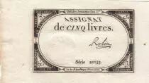 Frankreich 5 Livres - 10 Brumaire An II (31.10.1793) - Sign. Robin - Serial 22033