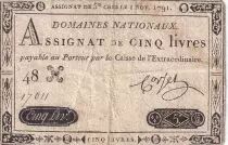 Frankreich 5 Livres - Embossed seal with Louis XVI (1791-11-01) - F - Sign. Corset