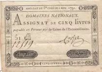 Frankreich 5 Livres - Embossed seal with Louis XVI (1791-11-01) - Sign. Corset - Serial 51