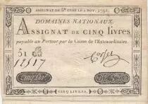 Frankreich 5 Livres - Embossed seal with Louis XVI (1791-11-01) - Sign. Corset - Serial 51