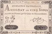 Frankreich 5 Livres - Embossed seal with Louis XVI (1791-11-01) - Sign. Corset - Serial 67