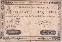 Frankreich 5 Livres - Embossed seal with Louis XVI 1792 - Serial 106K - VF