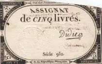 Frankreich 5 Livres 10 Brumaire An II - 31.10.1793 - V&eacute;rificateur Rare ! S&eacute;rie 952