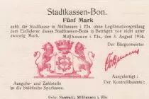 Frankreich 5 Marks Mulhouse Not issued - 03-08-1914 - WWI