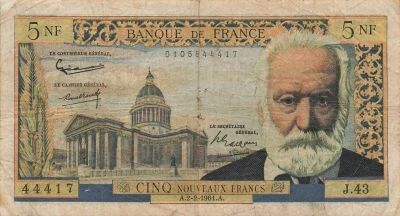 Frankreich 5 NF - Victor Hugo - 02-02-1961 - S�rie J.43