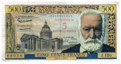 Frankreich 5 NF overprint 500 Francs Victor Hugo - 12-02-1959 - Serial J.120 - F+