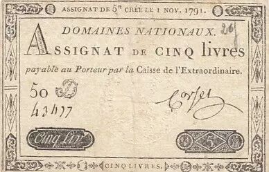 Frankreich 5 Pounds - 01-11-1791 - Sign. Corsel - Serial 50D