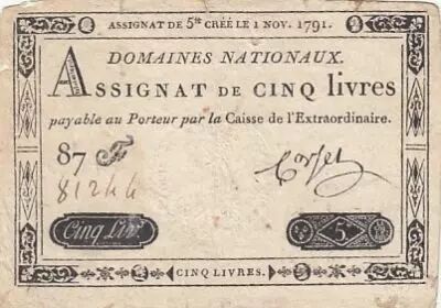 Frankreich 5 Pounds - 01-11-1791 - Sign. Corsel - Serial 87F