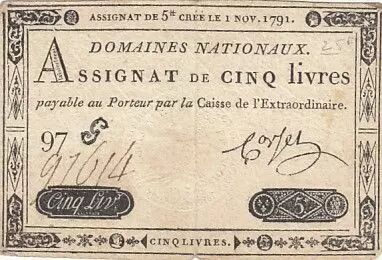Frankreich 5 Pounds - 01-11-1791 - Sign. Corsel - Serial 97G