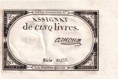 Frankreich 5 Pounds - 10 Brumaire Year II (31.10.1793) - Sign. Arnoux - Serial 22355