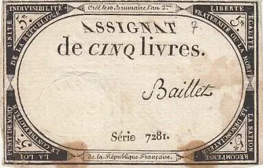 Frankreich 5 Pounds - 10 Brumaire Year II (31.10.1793) - Sign. Baillet - Serial 7281