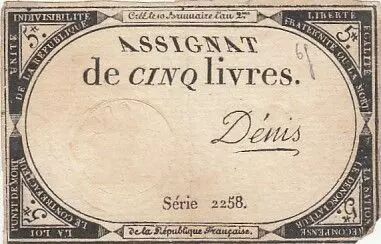 Frankreich 5 Pounds - 10 Brumaire Year II (31.10.1793) - Sign. Denis - Serial 2258