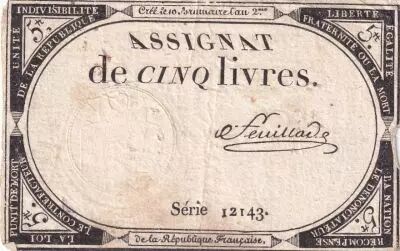 Frankreich 5 Pounds - 10 Brumaire Year II (31.10.1793) - Sign. Feuillade - Serial 12143