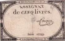 Frankreich 5 Pounds - 10 Brumaire Year II (31.10.1793) - Sign. Fouquet  - Serial 17733