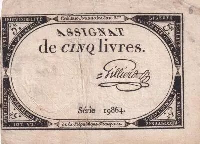 Frankreich 5 Pounds - 10 Brumaire Year II (31.10.1793) - Sign. Gilliero  - Serial 19864