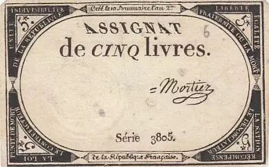 Frankreich 5 Pounds - 10 Brumaire Year II (31.10.1793) - Sign. Mortiez - Serial 3805