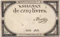 Frankreich 5 Pounds - 10 Brumaire Year II (31.10.1793) - Sign. Mortiez - Serial 3805