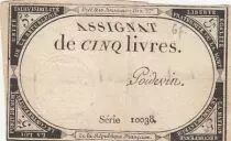 Frankreich 5 Pounds - 10 Brumaire Year II (31.10.1793) - Sign. Poidevin - Serial 10038