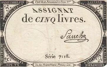Frankreich 5 Pounds - 10 Brumaire Year II (31.10.1793) - Sign. Sanche - Serial 7118