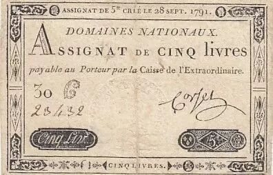 Frankreich 5 Pounds - 28-09-1791 - Sign. Corsel - Serial 30G