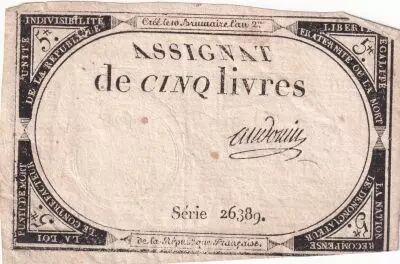 Frankreich 5 Pounds 10 Brumaire Year II (31.10.1793) - Sign. Audouin - Serial 26389