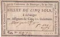 Frankreich 5 Sols - Sarthe - Municipalit&eacute; de Bazouges - 20-06-1792 - Rare