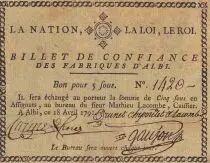 Frankreich 5 Sous - Billet de confiance - 1791 - Fabriques d\'Albi n&deg;1420