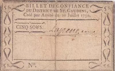 Frankreich 5 Sous - Haute-Garonne - Billet de Ville de Saint-Gaudens - 21-07-1792