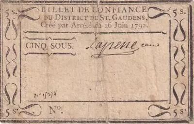 Frankreich 5 Sous - Haute-Garonne - Billet de Ville de Saint-Gaudens - 26-06-1792