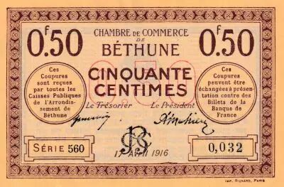 Frankreich 50 Centimes - Chambre de Commerce - B�thune - 17-04-1916 - S�rie 560