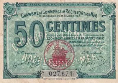 Frankreich 50 Centimes - Chambre de Commerce - Rochefort sur Mer - 5�me s�rie - 25-02-1920