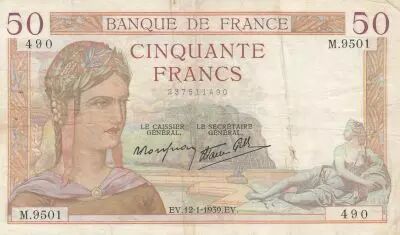 Frankreich 50 Francs C�r�s - 12-1-1939 - Serial B.9509